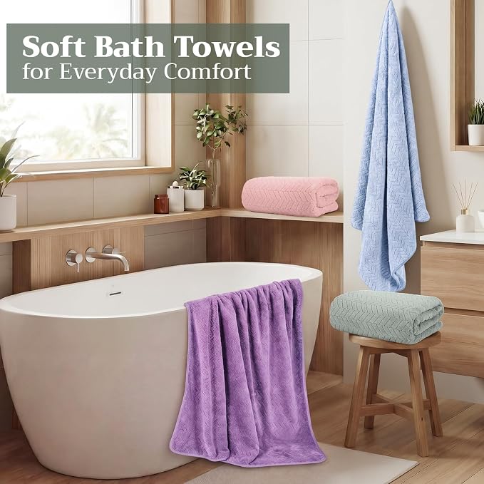 4 Pcs Microfiber Bath Towel Set 35" x 70" Oversized Turkish Luxury Plush Bath Sheet Extra Large Pastel Jacquard Chevron Sheet Soft Coral Velvet Absorbent Blanket for Pool Shower Spa