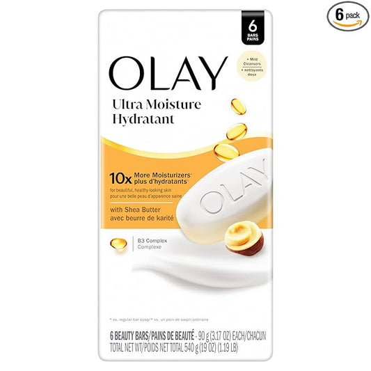Olay Beauty Bar, Ultra Moisture,10x More Moisturizers, Nourishing Conditioners, Smooth & Gentle on Skin, Vitamin B3 Complex, For All Skin Types, Shea Butter Scent, 3.17 oz, (6 Count)