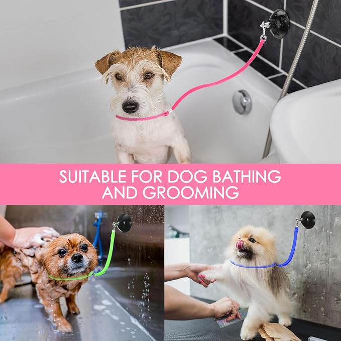 Frienda 4 Pcs Dog Bathing Tether with Suction Cup Cat Restraint for Bathing Dog Grooming Tub Restraint Loops Adjustable Cat Fixed Safety Rope for Pet Shower Grooming Helper(Blue Pink Bright Green)