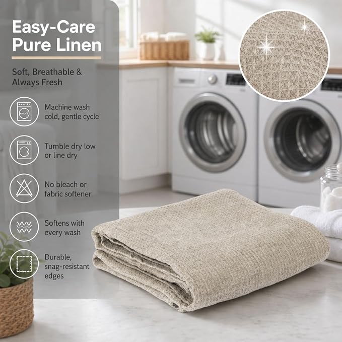 Pure 100% Flax Linen Blanket – 50x60-inch Linen Throw Blanket Waffle Weave – Breathable Cooling Blanket – Versatile Beach Blanket – Pre-Washed Lightweight European Flax