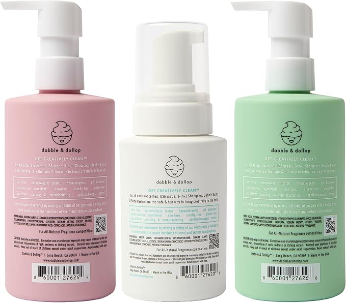 Dabble & Dollop Beachy Kids 3-in-1 Body Wash, Shampoo & Bubble Bath Variety Set – Coconut, Honeydew & Vanilla, Tear-Free, Gentle, Hypoallergenic and Safe for Sensitive Skin (Pack of 3)