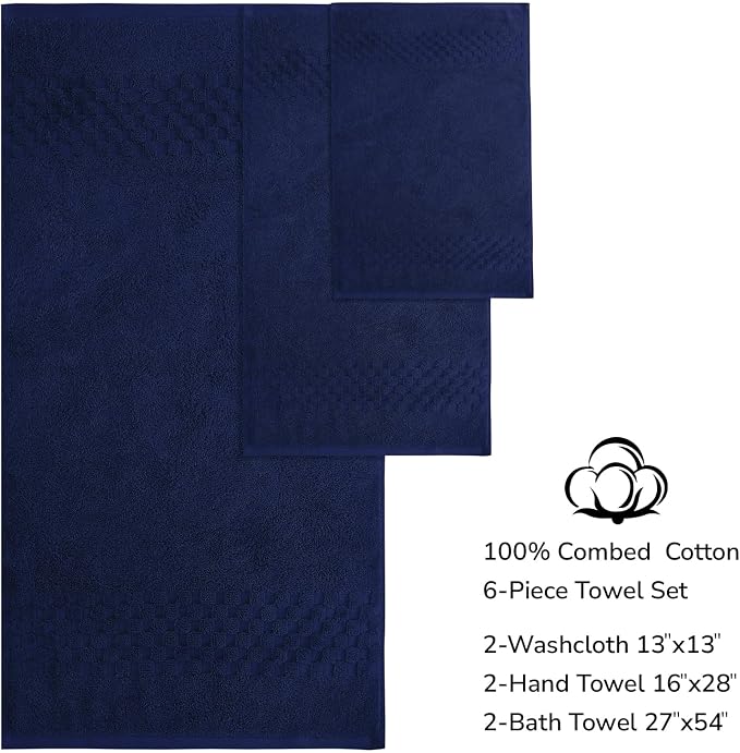 Feather & Stitch 100% Cotton 625 GSM Bath Towel Set of 6, Ultra Soft Highly Absorbent 2 Bath Towels, 2 Hand Towels & 2 Washcloth - Luxury Quick Dry Shower Towels (Navy Blue)