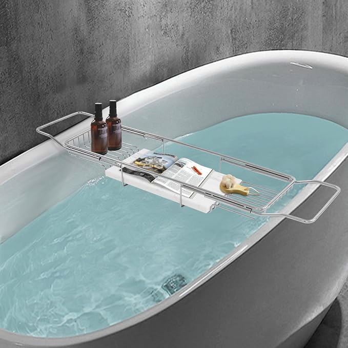 Expandable Bathtub Tray – 26.77" to 35.43" Adjustable Bathtub Caddy | with Natural Marble Board, Raised Guardrails, Tablet/Phone Stand – Home Spa Accessory for Bath, Holds 44 lbs (Silver+White)