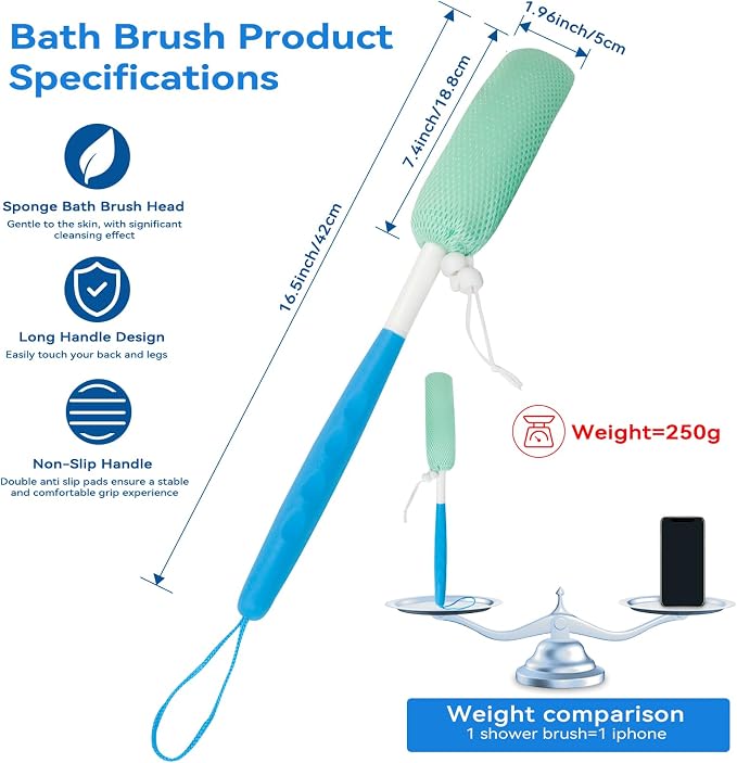 Back Scrubber for Shower，Mesh Sponge Body Shower Brush with Long Handle for Use in Shower Back Scrubber,Back Scrub for Exfoliating Body Scrubber (Blue and Green)