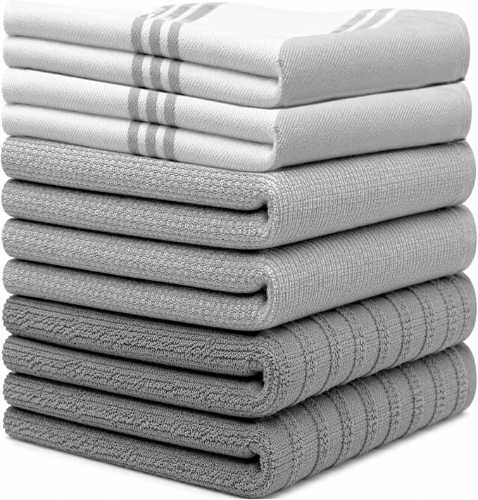Premium Kitchen Towels (20”x 28”, 6 Pack) | Large Cotton Dish Towels | Flat & Terry Highly Absorbent Kitchen Linen Set with Hanging Loop | Wide Stripe Grey