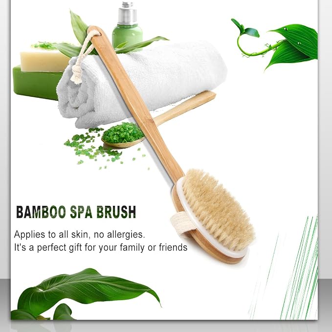 Bath Body Brush & Shower,Dry Skin Brushing with 100% Natural Boar Bristles & 16 inches Long Bamboo Detachable Handle,Back Scrubber for Exfoliates & Stimulates Blood Circulation-by Qlben