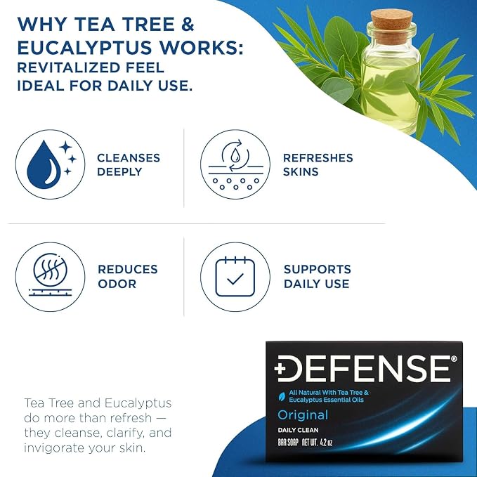Defense Soap All Natural Original Bar Soap 3-Pack (Daily Clean) – Tea Tree & Eucalyptus Oil – Wrestling & Post Workout Hygiene for Athletes – 4.2 oz Each