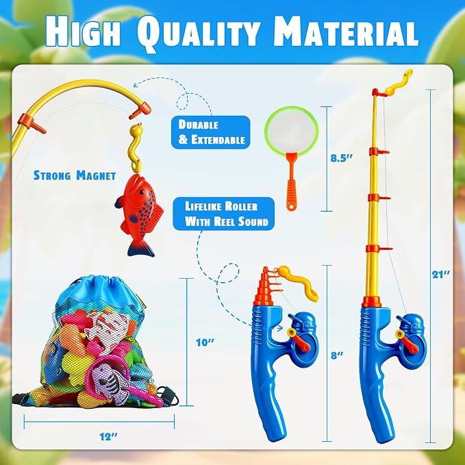 CozyBomB™ Magnetic Fishing Toys Game Set for Kids | Water Table Bathtub Kiddie Pool Party Pole Rod Net, Outdoor Plastic Floating Fish, Toddler Bath Color Ocean Sea Animals Birthday Gift Age 3-5 6 4-8