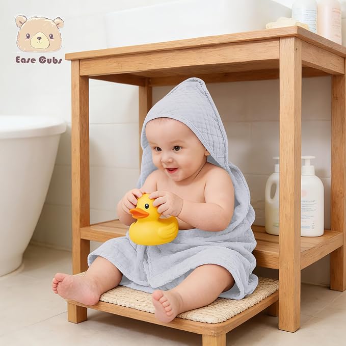 Ease Cubs 3-Pack Muslin Hooded Baby Towels, 100% Cotton, Ultra-Soft & Absorbent Baby Bath Towels with Hood for Babies, Infant, Toddler and Newbron (Grey, Green and Slate,32" x 32")