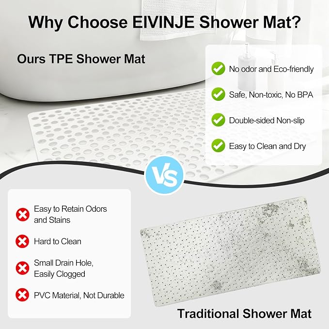 Bathtub Mat and Shower Mat Non Slip: 30 x 17 inch Soft TPE Bath Tub Mat with Suction Cups and Drain Holes, Anti Slip Shower Mats for Inside Shower, Machine Washable, Easy to Dry&Cut