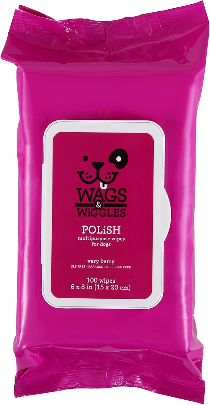 Wags and Wiggles Polish Multipurpose Wipes for Dogs, Very Berry Scent - Scented Wipes that Clean and Condition Your Dog’s Coat Between Baths, Gentle Formula, 100 Count - 12 Pack
