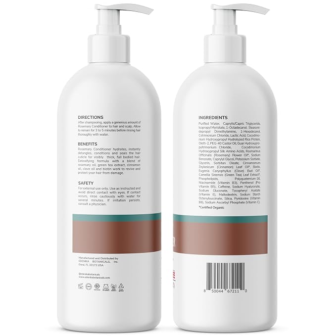 Edenika Botanicals Rosemary Oil Conditioner Treatment with Biotin for Thinning Hair, Anti-Hair Loss, Detangling, Nourishing & Strengthening, Women & Men, Sulfate-Free, Organic, 16 fl oz