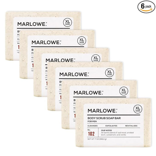 MARLOWE. Body Scrub Soap, Exfoliating Soap Bar, Oud Wood, 7 oz (6 Bars) | Scrub Soap Bar that deeply cleanses and exfoliates while buffing away rough, dry skin. Oud Wood scent.
