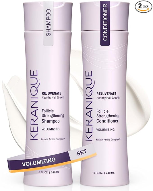 Keranique Volumizing Shampoo & Conditioner Set for Hair Repair, Growth & Thinning Hair Support – Keratin, Biotin, Menthol & Niacinamide, Lightweight Strengthening Formula - Keratin Amino Complex™