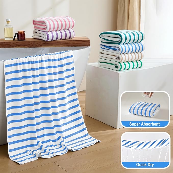 JML Microfiber Beach Towels, 4 Pack, 30" x 60", Cabana Stripe, Soft, Absorbent, Quick Dry Large Bath Towel Set for Adult, Travel, Summer Pool Party, Sport, Swimming, Yoga, Camping, StripeBlue