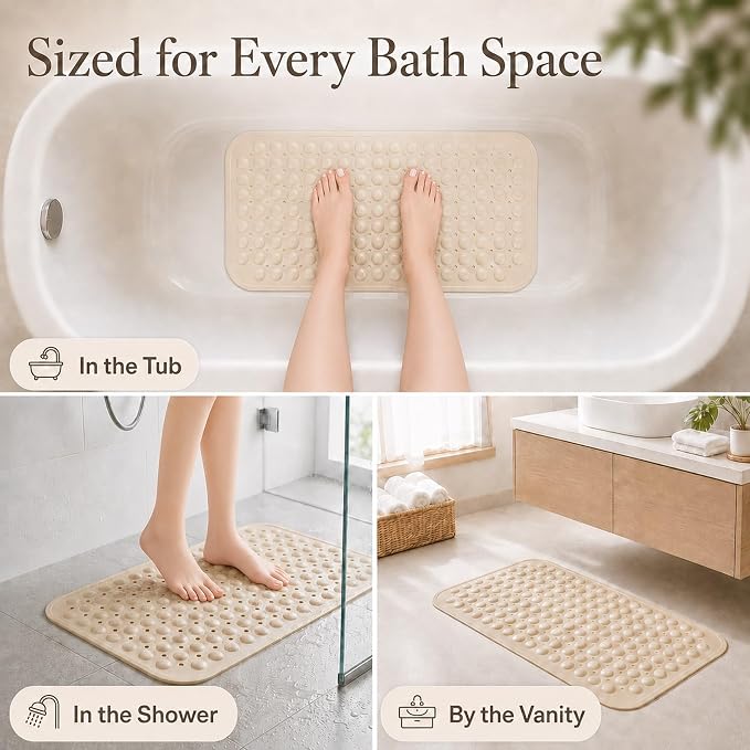 Bathtub Mat Non Slip, No Smell TPE with Suction Cups, Beige,27.5’’ x 16’’ | Soft shower bath mat with quick-drain holes and machine-washable care for clean, smooth tub surfaces; light and easy to lift.