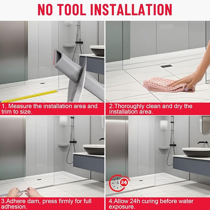 Collapsible Shower Threshold Water Dam - 67in Self-Adhesive Silicone Barrier for Wet-Dry Separation - Flexible Splash Guard for Walk-In Showers, Bathroom Floor, & Kitchen Sink - ADA Accessible Profile