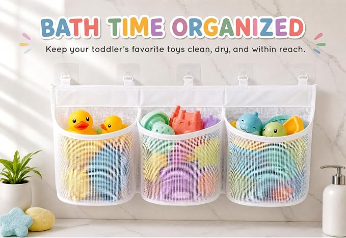 Bath Toy Storage Holder for Toddler Bathtub,3-Section Mesh, 5 Adhesive Hooks, Quick-Dry Shower Organizer for Toddler Bath Toys Ages 2-8, Kids Bathroom Toy Basket Storage Net