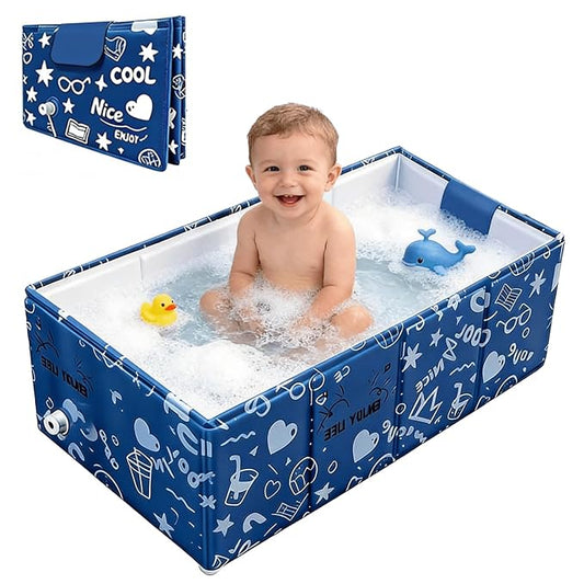 Baby Bathtub, 5-Layer Anti-Tear Foldable Toddler Bath Tub with Padded Bottom Drain Plug, Portable Collapsible Baby Bath for Travel, Shower, Sink, Indoor & Outdoor, 6 Months to 5 Years