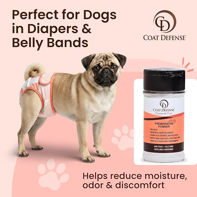 COAT DEFENSE Daily Preventative Powder | Made in USA | 3.5oz Waterless Dog Shampoo & Pet Deodorizer for Smelly Dogs | Provides Anti Itch Relief | Dog Dry Shampoo for Dry Itchy Skin