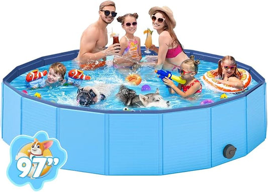YSJILIDE Foldable Dog Pool, Portable PVC Dog Pet Swimming Pool (Blue, XXXXXL-97” x 16")