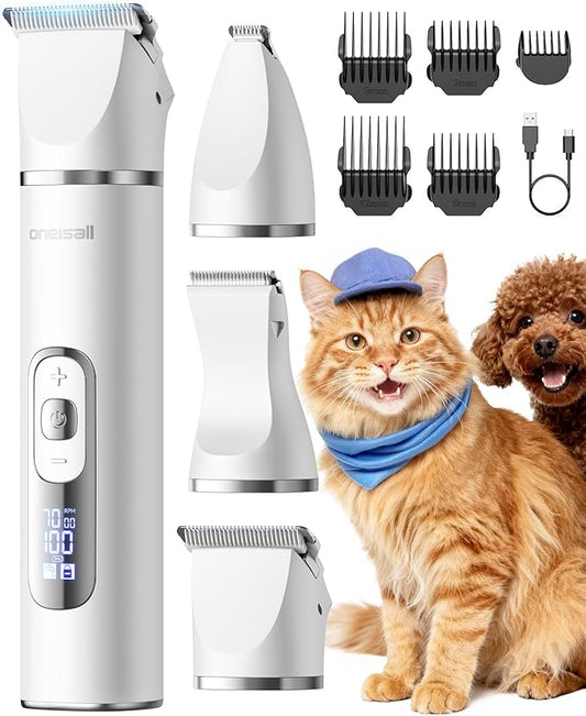 oneisall Quiet Cat Clippers for Matted Hair, 3 in 1 Cat Grooming Kit | LCD Display, Cat Hair Trimmer for Paw, 3 Speed, Cordless, IPX7 Waterproof Pet Clippers for Butt, Paw, Back, Ear, Face