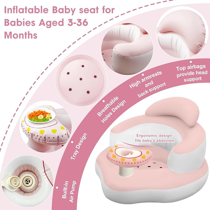 Inflatable Baby Seat for Babies 3-36 Months, Built-in Air Pump, Sit Me Up Chair with Tray and Back Support, Learning to Sit, Portable Baby Chair (Pink & White)