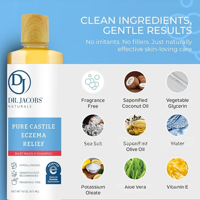 Dr. Jacobs Pure Castile Baby Wash - Effective Body Wash to Relieve Baby Eczema - Gentle Shampoo and Unscented Soap for Sensitive Skin, and Hypoallergenic - 16 oz