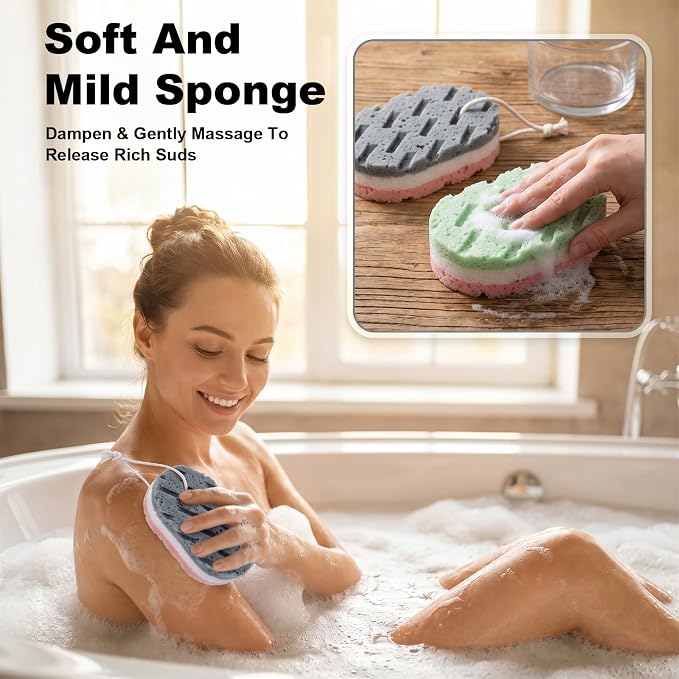 2 PCS 3-Layer Bath Sponges, Soft Shower Sponges Reusable Body Exfoliating Sponge Exfoliating Bath Sponge with Hanging Straps Colorful LuffaSponge