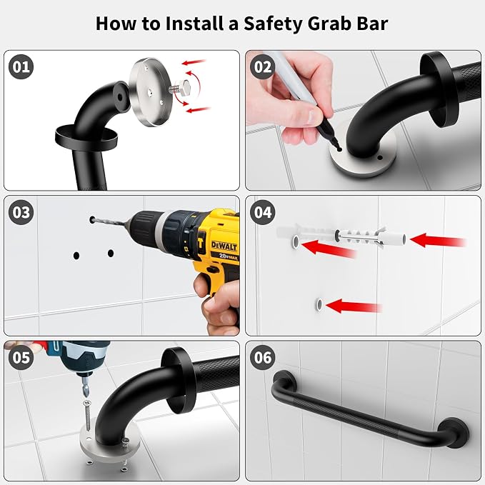 Black Grab Bar 24 Inch, iHansee Anti-Slip Bathroom Grab Bar w/Knurled Grip, Stainless Steel Safety Handrail for Toilet Bathtub Shower, Wall Mounted Matte Black Handicap Bars Handle for Senior Elderly