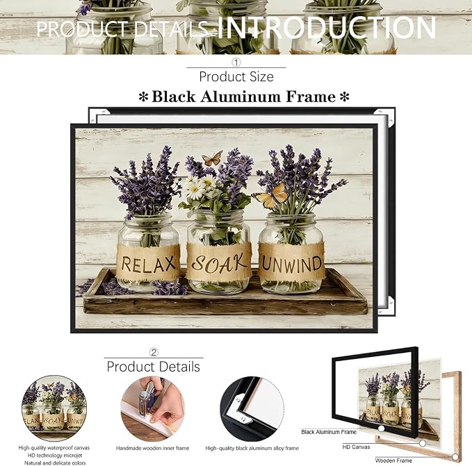 Relax Soak Unwind Lavender Bathroom Wall Art Farmhouse Mason Jar Floral Poster Rustic Spa Wall Decor with Butterflies Aesthetic Print for Powder Room Apartment 20X30 in Wrapped Framed