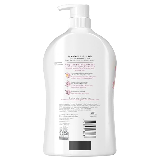 Olay Body Wash for Women, Fresh Radiance, Refreshing & Renewing, Made with Plant Based Cleansers, B3 Botanical Complex, For All Skin Types, Peach & Cherry Blossom Scent, 33 fl oz