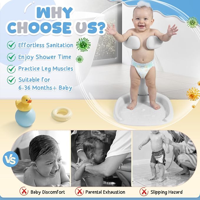 Orzbow Baby Shower Stand, Collapsible Baby Bath Stand with Foldable Chair, Adjustable Height Toddler Shower Standing Support for Infant 6-36 Months, Anti-Slip Base, Easy-Use, Gray