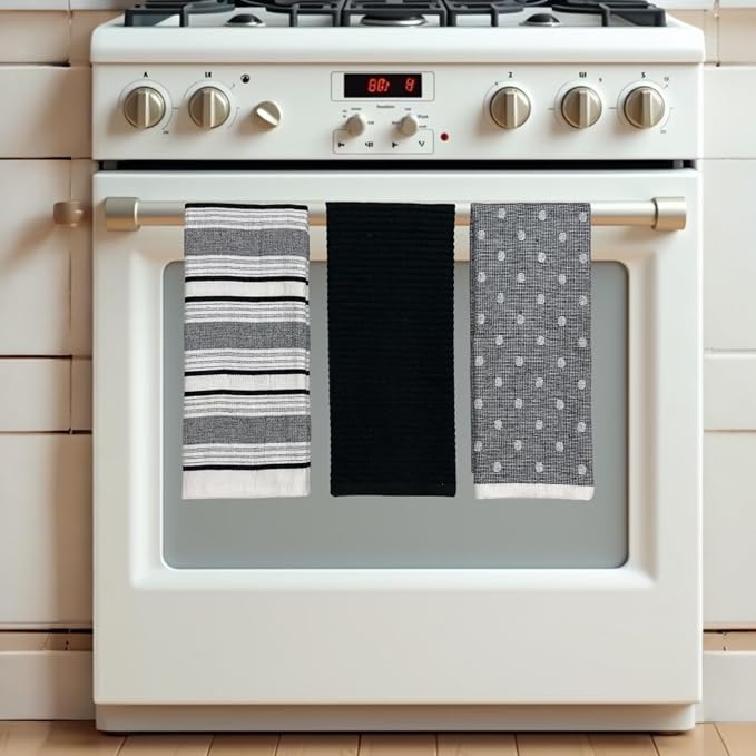 Black White Kitchen Hand Dish Towels: Oversized 28" x 16",100% Cotton Cloth Soft Cleaning Drying Absorbent Striped Solid Polka Dot Design, Set of 3 Multipurpose for Everyday Use (Black Austin)