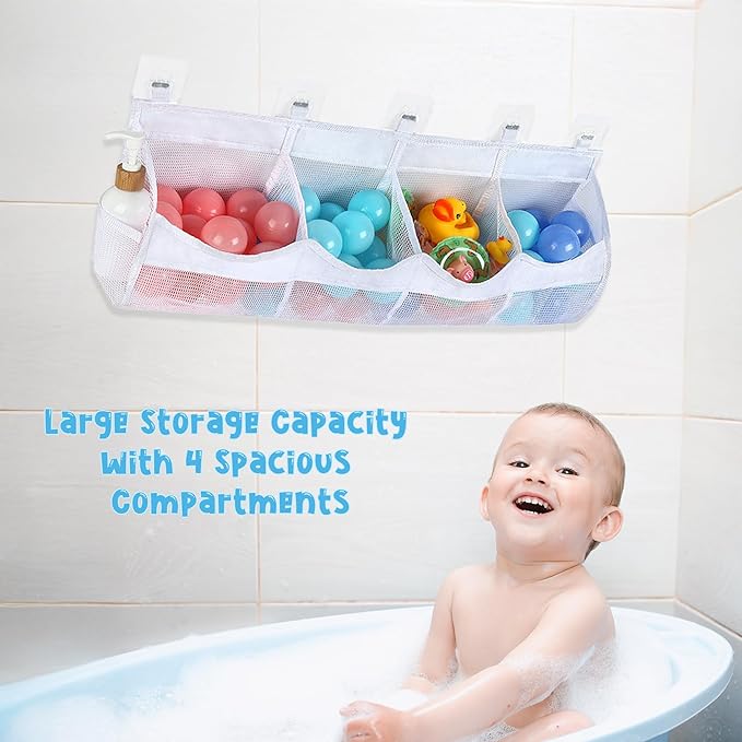 Large Bath Toy Storage, 4 Compartment Quick Drying Mesh Bath Toy Organizer with 5 Hooks, Easy Access and Sorting Large Capacity Corner Bathroom Storage, Multi Use Holder (White)