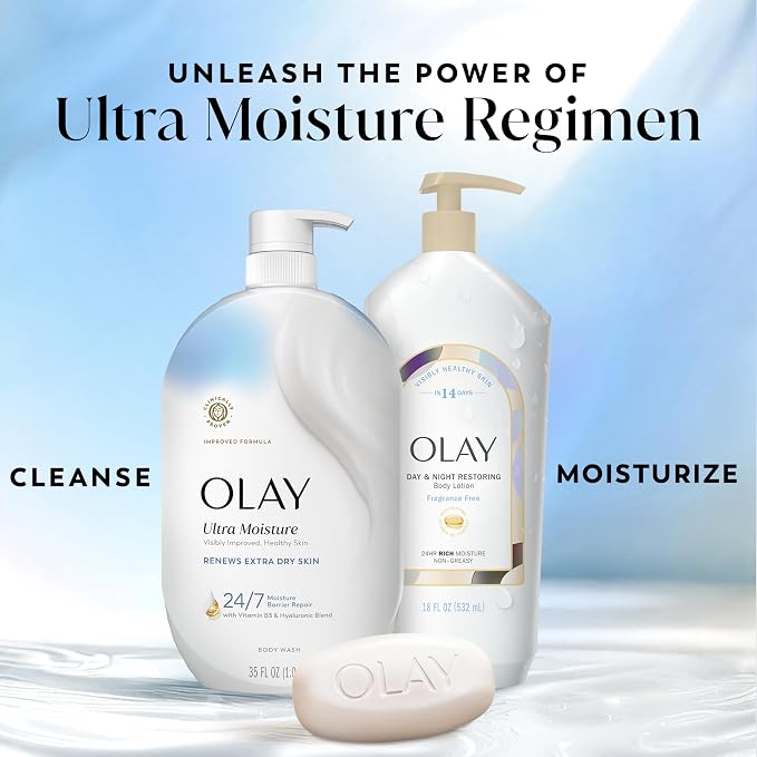 Olay Body Wash for Women, Ultra Moisture, Renews Extra Dry Skin, 24/7 Moisture Barrier Repair, Hydrating Formula for Visibly Healthy Soft Skin, Vitamin B3 & Hyaluronic Blend, All Skin Types, 35 fl oz