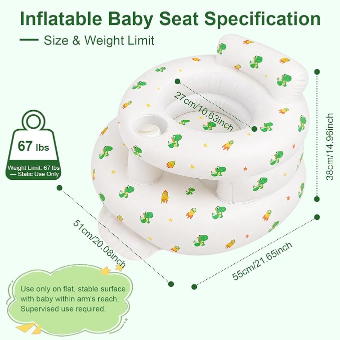 Inflatable Baby Seat for Babies 3-36 Months, Baby Chair with Fence & Built in Air Pump, Blow Up Floor Seat with Back Support, Inflatable Infant Chair Sit Me Up for Home, Travel Green Dinosaur