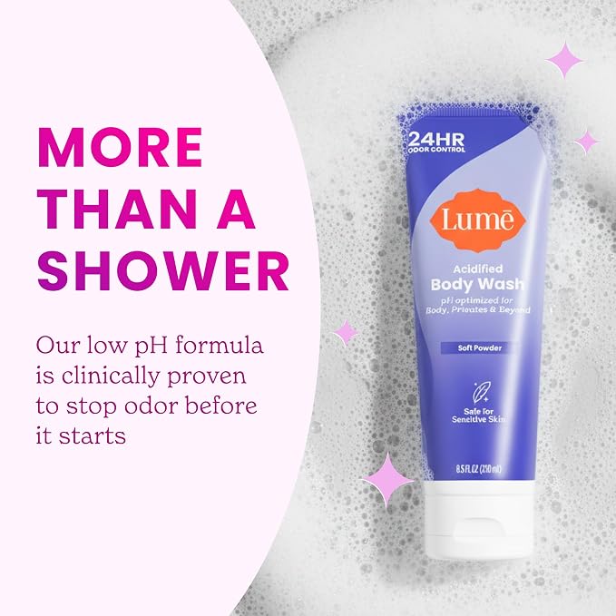 Lume Acidified Body Wash for 24 Hour Odor Control - Removes Odor Better than Soap - Hydrating Formula - Formulated without SLS or Parabens - Safe for Sensitive Skin - 8.5 Ounce - 2 Pack (Soft Powder)