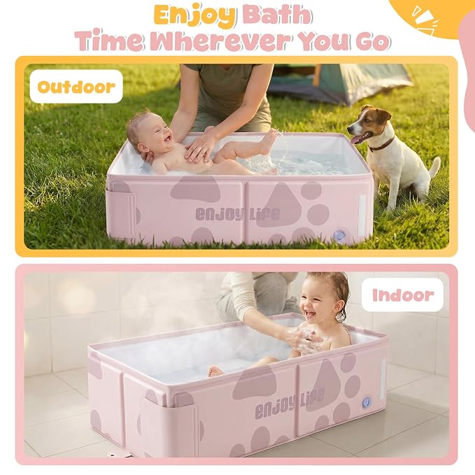 Orzbow Toddler Bathtub with Temperature Sticker, Collapsible Baby Bathtub with Side Drain Plug, Portable Bath Tub for Infant 6 Months+, Easy to Clean, Stable & Durable, Folds to Store, Pink