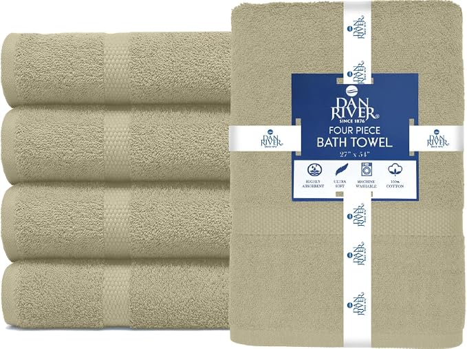 DAN RIVER Large Bath Towels Set of 4, 27 x 54 Inches, 600 GSM Larger & Lighter Weight Towels for Bathroom - Highly Absorbent & Quick Dry 100% Cotton Bath Towel Set for Home, Gym, Spa & Hotel - Beige
