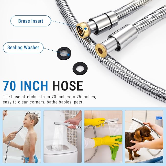 G-Promise All Metal Handheld Shower Head Built-in Power Wash Mode, with 70 Inch Stainless Steel Shower Hose Extra Long and Dual Purpose Hand held Holder, Side Push Button, Chrome
