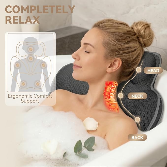 Bath Pillows for Tub, Luxury Bathtub Pillow Neck, Head, Back Support, Soft 5D Mesh Fabric and Non-Slip Suction Cups & Quick Dry, Fits All Tubs, Bath Soaking Accessories Spa Gifts, Grey