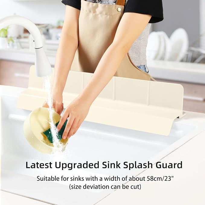 23" Ultra Silicone Sink Splash Guard Released in 2026,Self-Draining Water Splash Guard for Kitchen Sink,Bathroom and Island,with 3.5" High Splash Guard & 7 Strong Suction Cup (Beige)