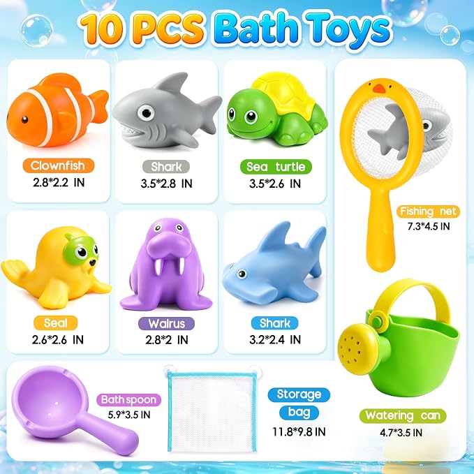 Baby Bath Toys, Toddler Tub Water Toys for Kids Pool Toys Floating Easy Clean Ocean Animal Bathtub Toys with Storage Bag,Watering Can, Bath Cups(10 PCS )
