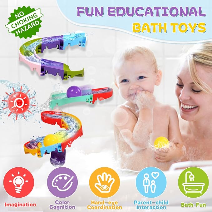 Fajiabao Bath Toys for Kids Ages 1-3 Fun DIY Bathtub Toys for Toddlers 2-4 | with Big Floating Balls Modular Track Easy-Assemble Slide for 1+ Year Old Boys Girls Gifts with Strong Suction Cups
