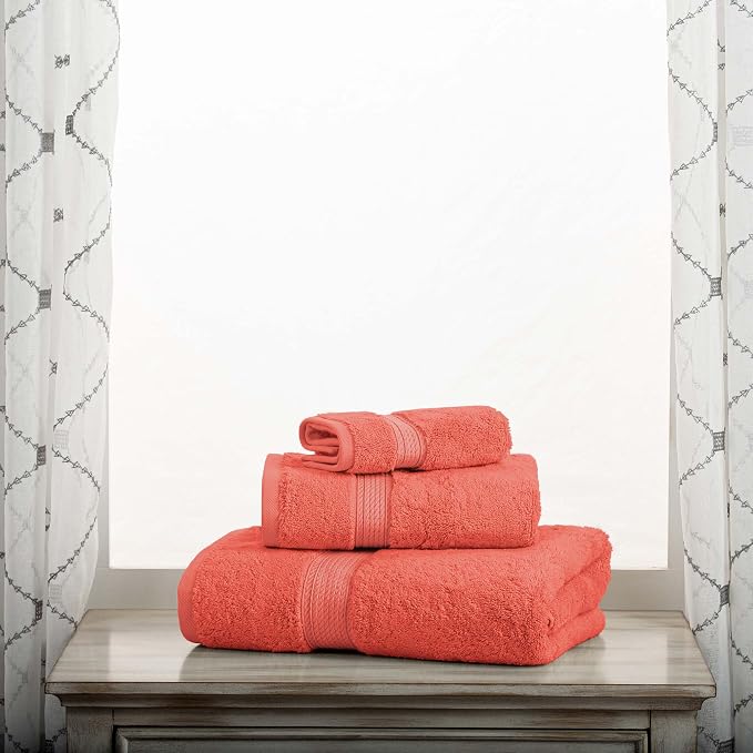 SUPERIOR Egyptian Cotton Ultra Plush & Absorbent, 3 Piece Set, Coral | Quick Dry, Soft Luxury Towel Set, Bath Essentials, Guest Bath, Spa, 1 Bath, 1 Hand, 1 Face Towels, Madeline Towels