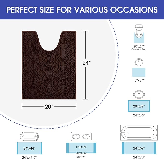 ACCUMTEK Striped Brown Toilet Bathroom Rug Mat 24" x 20" Contour Rug Ultra Soft, Non Slip Chenille Bath Rugs, Absorbent Plush Shaggy Bath Mats for Bathroom, Bedroom, Kitchen, Shower, Tub