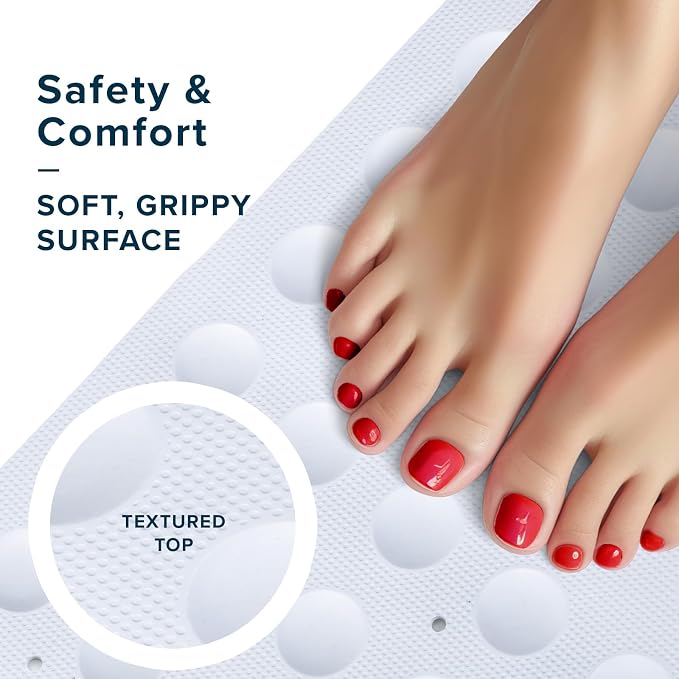 SlipX Solutions Square Natural Rubber Shower Stall Mat, 21” x 21”, Mildew Resistant, Non Slip Safety, Antimicrobial Product Protection, 140 Power Grip Suction Cups, Center Drain Hole, White