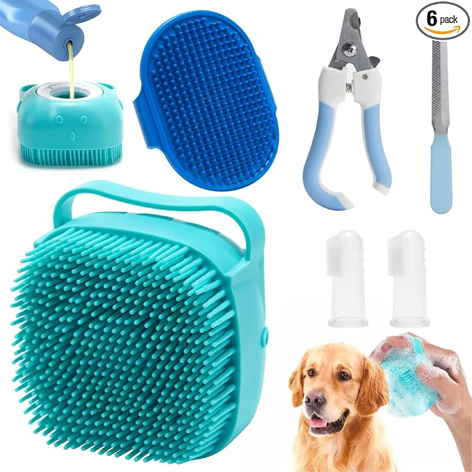 6Pcs Silicone Pet Grooming Set: Bath Massage Dispenser Brush, Finger Toothbrush, Nail Clippers and File for Dogs and Cats