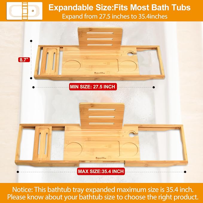 Banlilu Bathtub Tray - Bath Tray Expandable - Bath Tub Tray Table for Bathtub, Ajustable Size, Fits Most Tubs